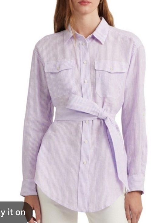 Ralph Lauren Tops - Ralph Lauren womens Lavender linen and White Striped long sleeve Button-Up Shirt